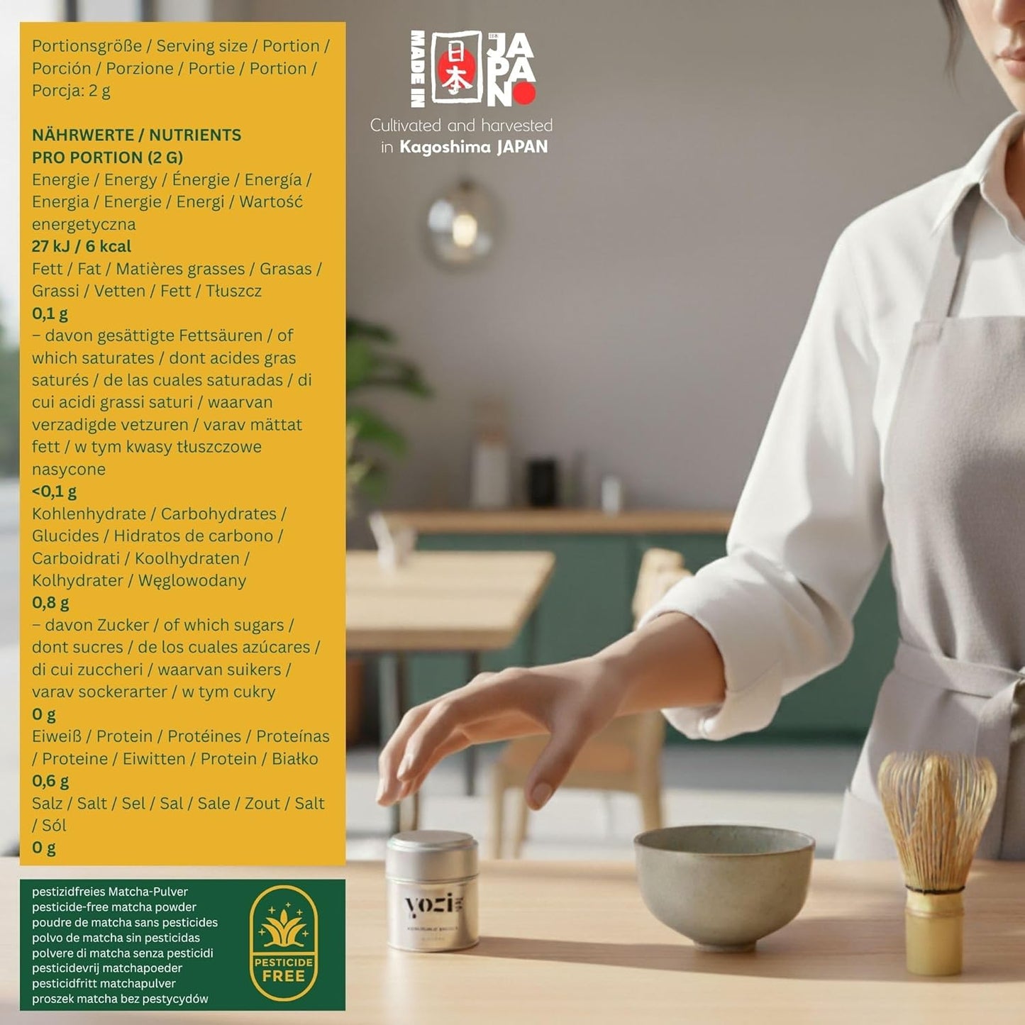 Yozi Premium ceremonial Matcha Pulver, 30g Dose, aus Kagoshima, high grade, Pestizidfrei Matcha-Tee