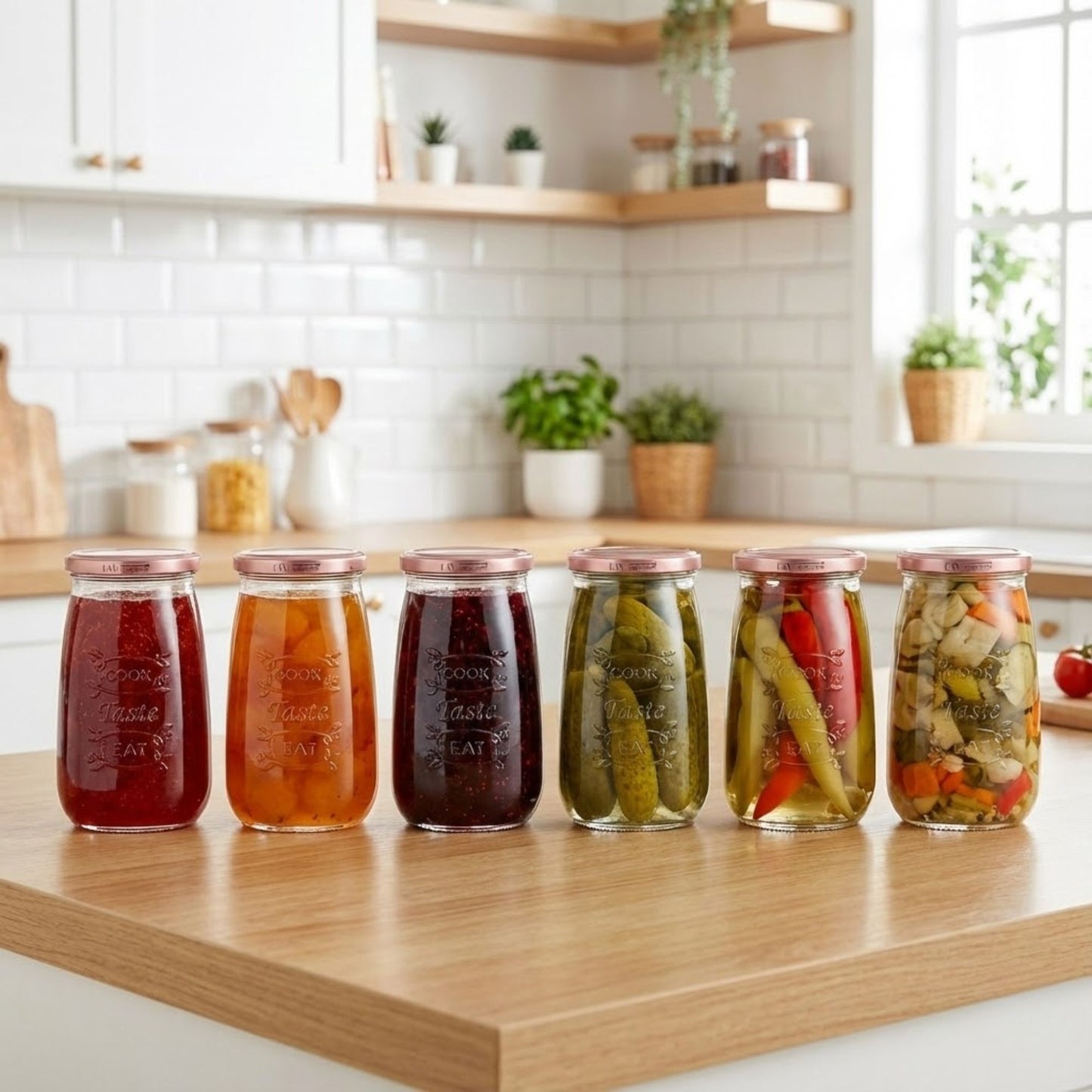 Tasty Design Vorratsgläser "Cook Taste Eat" (6er Set, 1050ml) – Eckige Einmachgläser mit Rosé-Deckel