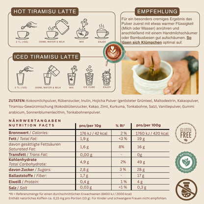 Biomatea Hojicha Tiramisu Latte Pulver – Cremiger Dessert Latte ohne Kaffee – Japanischer Hojicha Grüntee, vegan & glutenfrei, 140g
