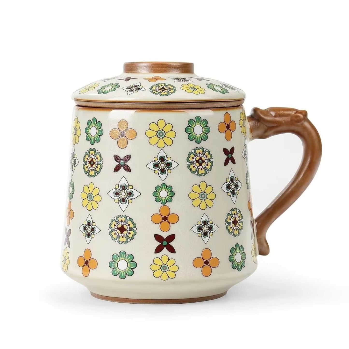Qinghua Floral Pattern Keramik Teetasse, 450 ml, mit Keramik Teesieb & Deckel