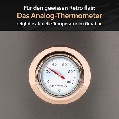 Edelstahl Retro Wasserkocher Vintage Design in Grau Matt mit Analogen Thermometer, 1,7 Liter