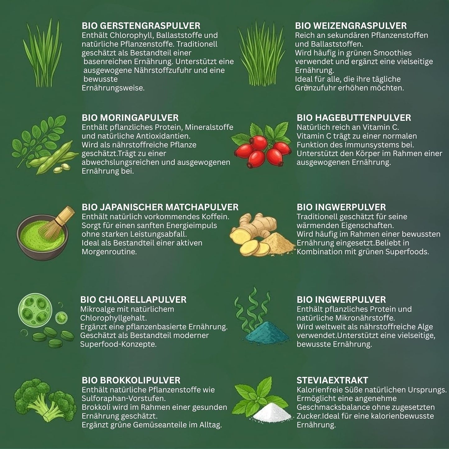 Bio Superfood Pulver Grün – Supergreen mit Matcha, Gerstengras, Weizengras, Moringa, Chlorella & Spirulina – Ballaststoffreich – Vegan, ohne Zuckerzusatz – 100 g