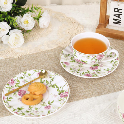 Teetassen Set 2er – Vintage Floral Blumen Porzellan Tassen & Untertassen mit Löffel, 200 ml