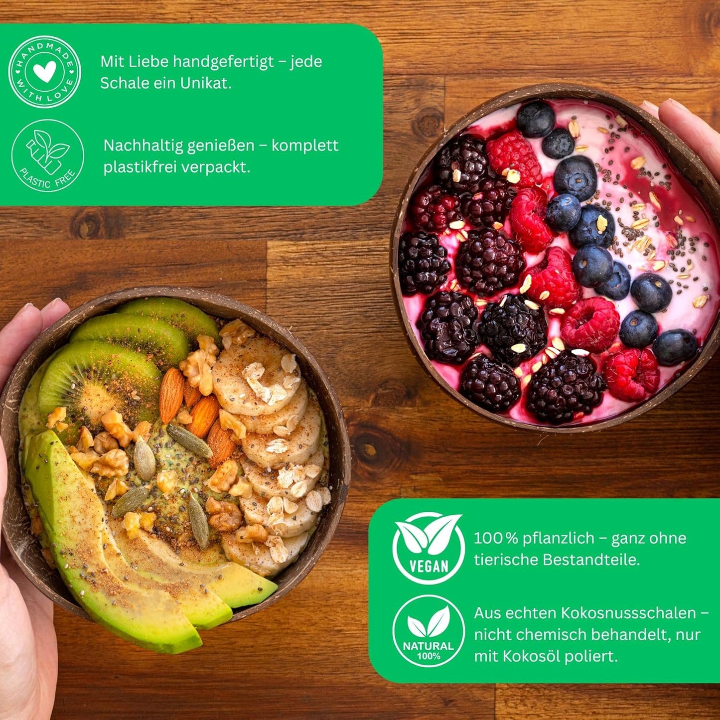 Bee´s Bites Kokosnuss Schalen Set – 2x Kokos-Bowl Schüssel + 2x Löffel – Handgefertigt, Vegan, Natürlich, Chemiefrei, Plastikfrei – Perfekt für Smoothie Bowls.