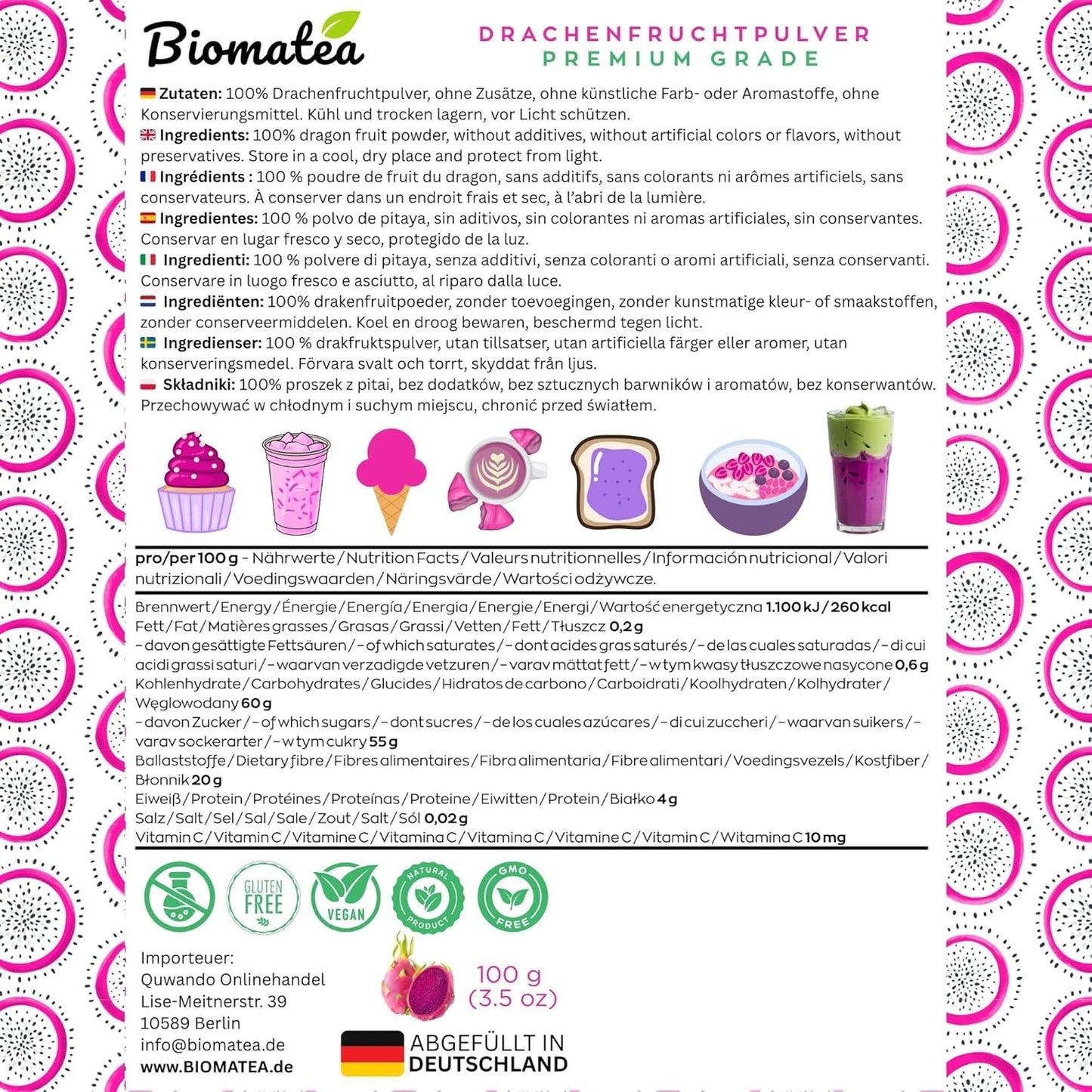 Biomatea Premium Drachenfrucht Pulver | rein, naturbelassen & ohne Zusätze | 100 g Pitaya Powder