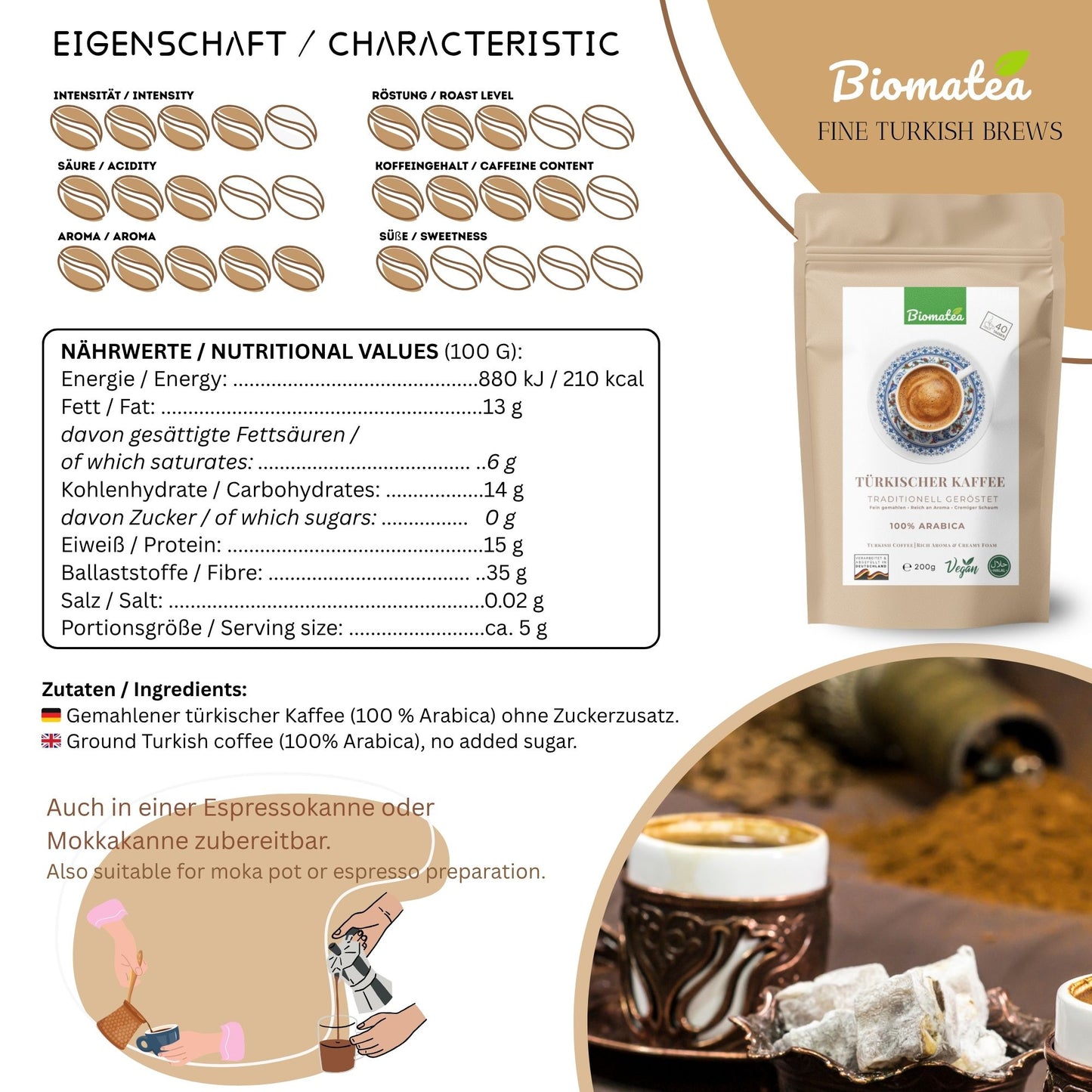 Türkischer Kaffee 200g – 100% Arabica, fein gemahlen, traditionell geröstet, intensives Aroma, ideal für Cezve & Espressokocher