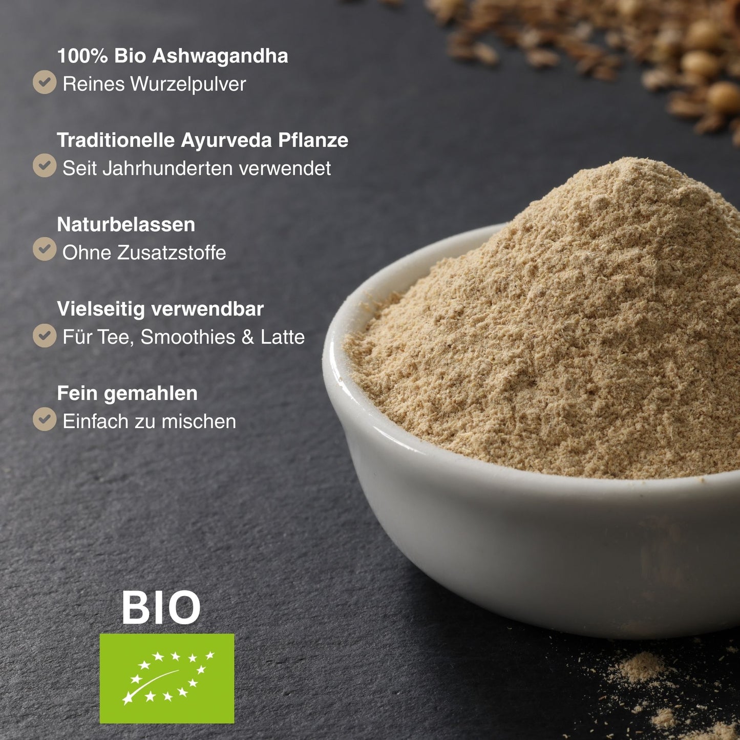 Bio Ashwagandha Wurzel Pulver | fein Gemahlen | Gewürze | Vegan