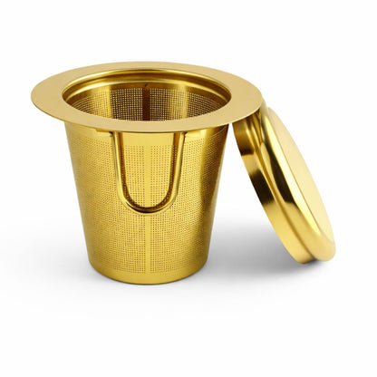 Edelstahl Teesieb Gold mit Deckel & Tee-Löffel | Feinmaschiger Dauerfilter für Tassen