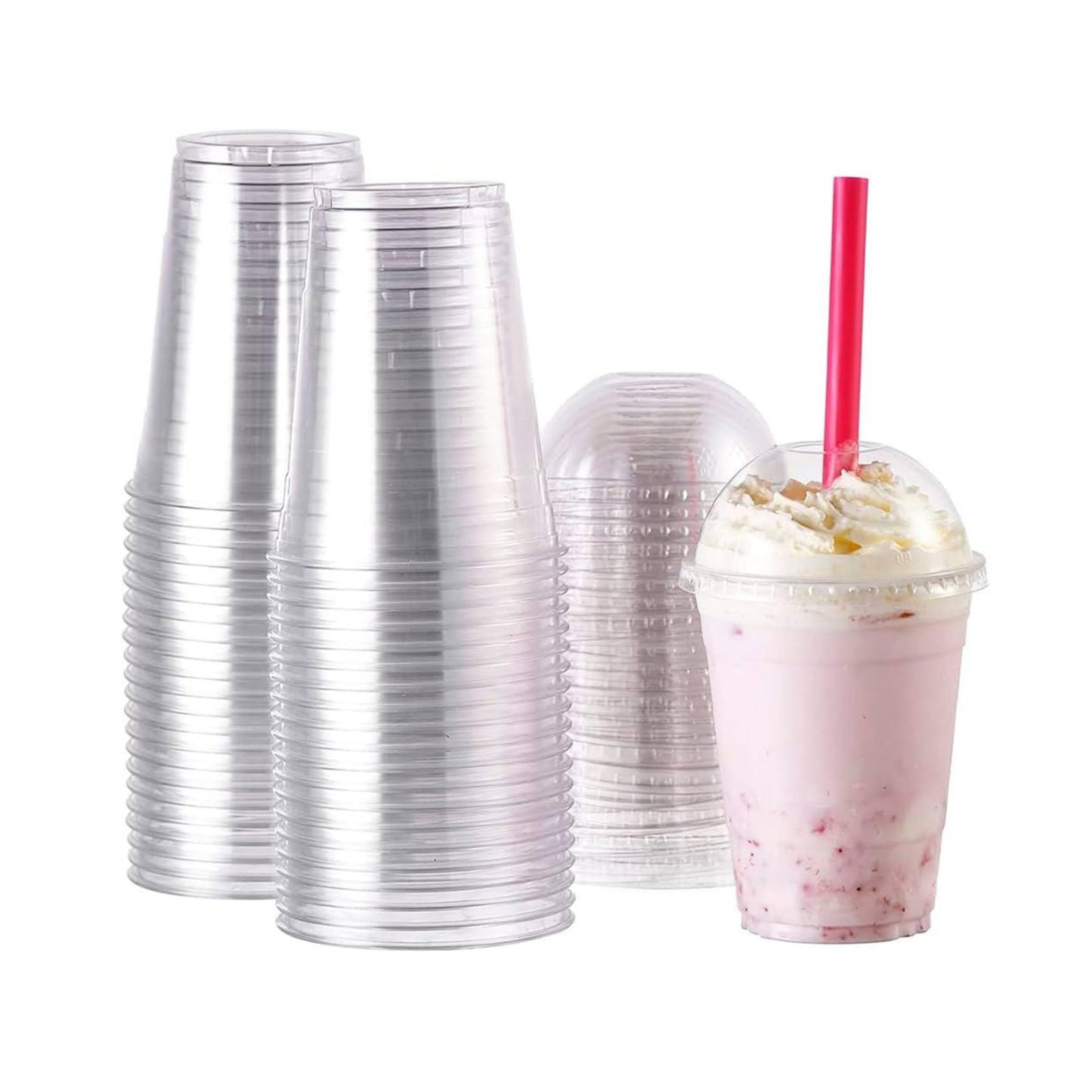 100 Stück Pet Becher mit Domdeckel für Matcha Latte, Dessert, Softdrink, Kaffee, to go Plastikbecher, | 360ml, 400ml, 500ml