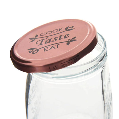 Tasty Design Vorratsgläser "Cook Taste Eat" (6er Set, 1050ml) – Eckige Einmachgläser mit Rosé-Deckel