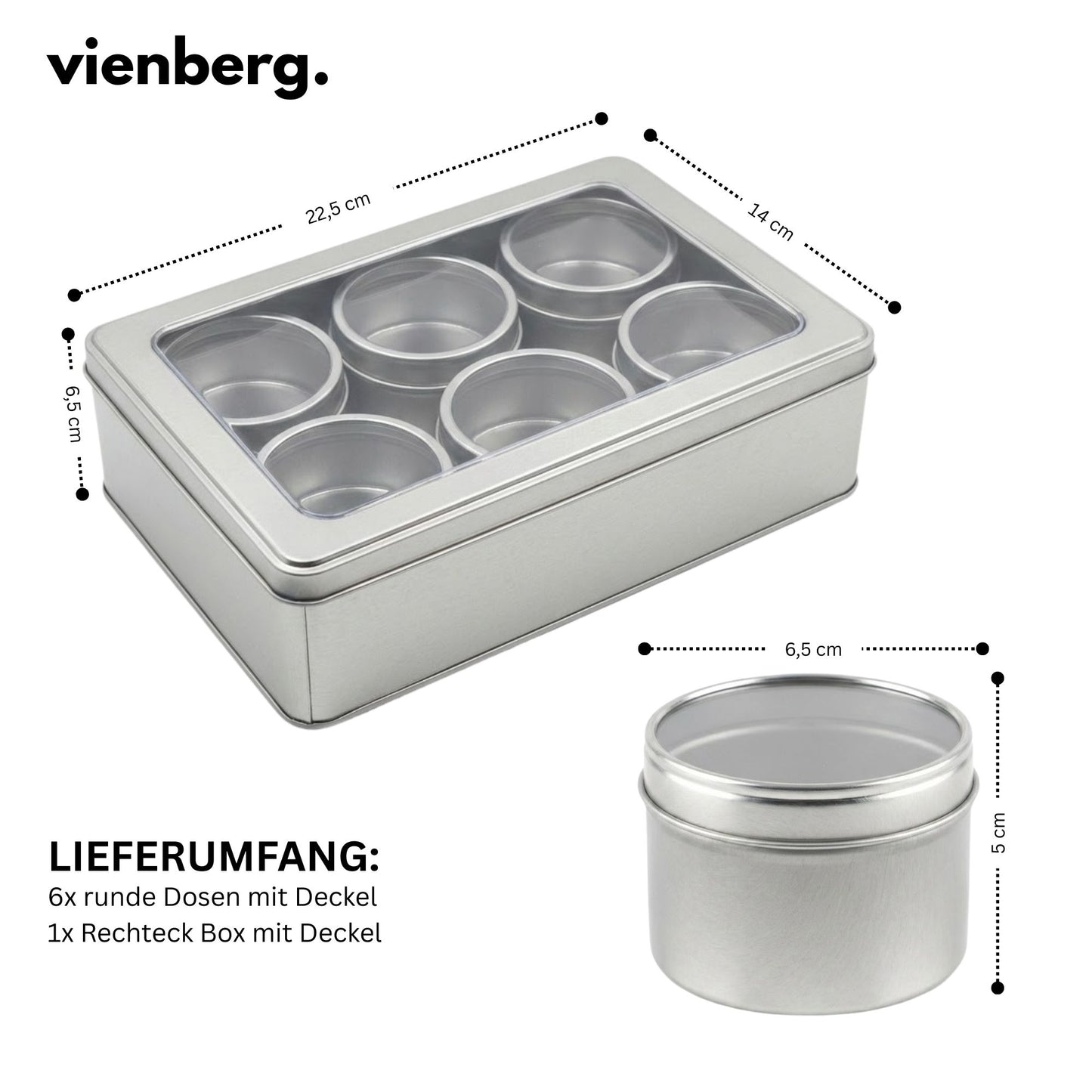 Universal Aufbewahrungsbox mit 6 Innendosen & Sichtfenster Deckel, für Tee, Kaffee & Backzutaten, Gewürze –Ordnungsbox & Organizer – Teedose leere Metalldosen Silber