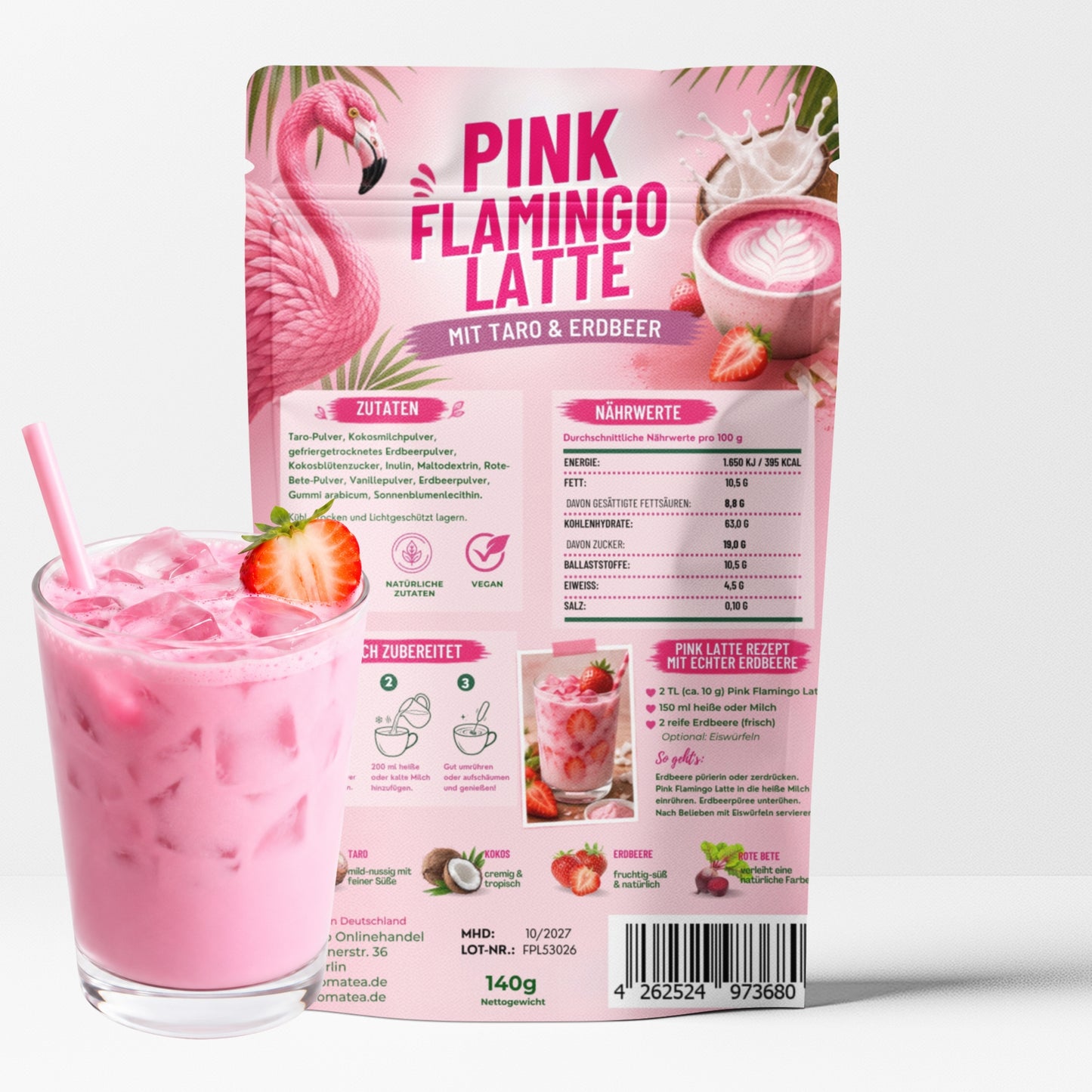 Pink Flamingo Latte Pulver, Erdbeere, Kokos & Taro Getränkepulver, 140g
