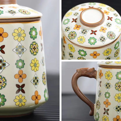 Qinghua Floral Pattern Keramik Teetasse, 450 ml, mit Keramik Teesieb & Deckel