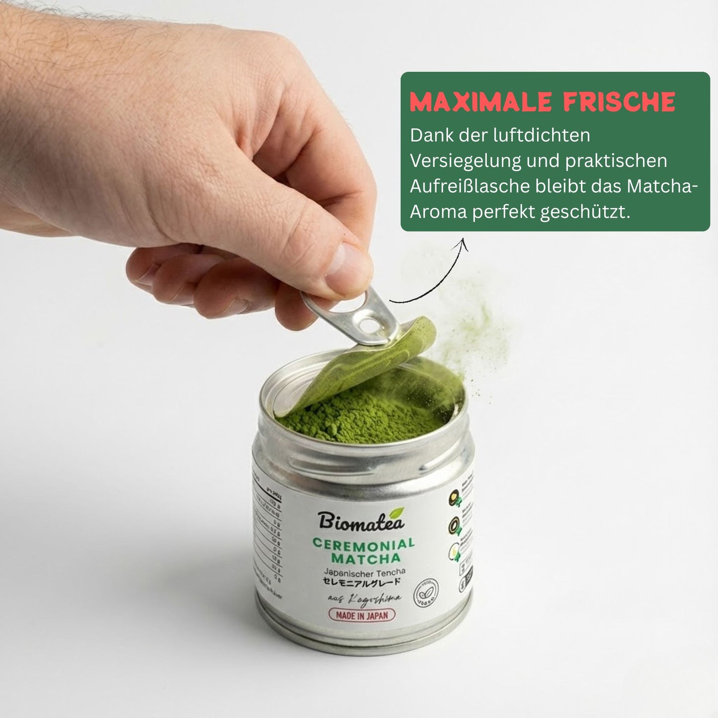 MOEGI Ceremonial Matcha Tee Pulver aus Japan Kagoshima 30 g Dose mit Aufreißlasche. Erste ernte