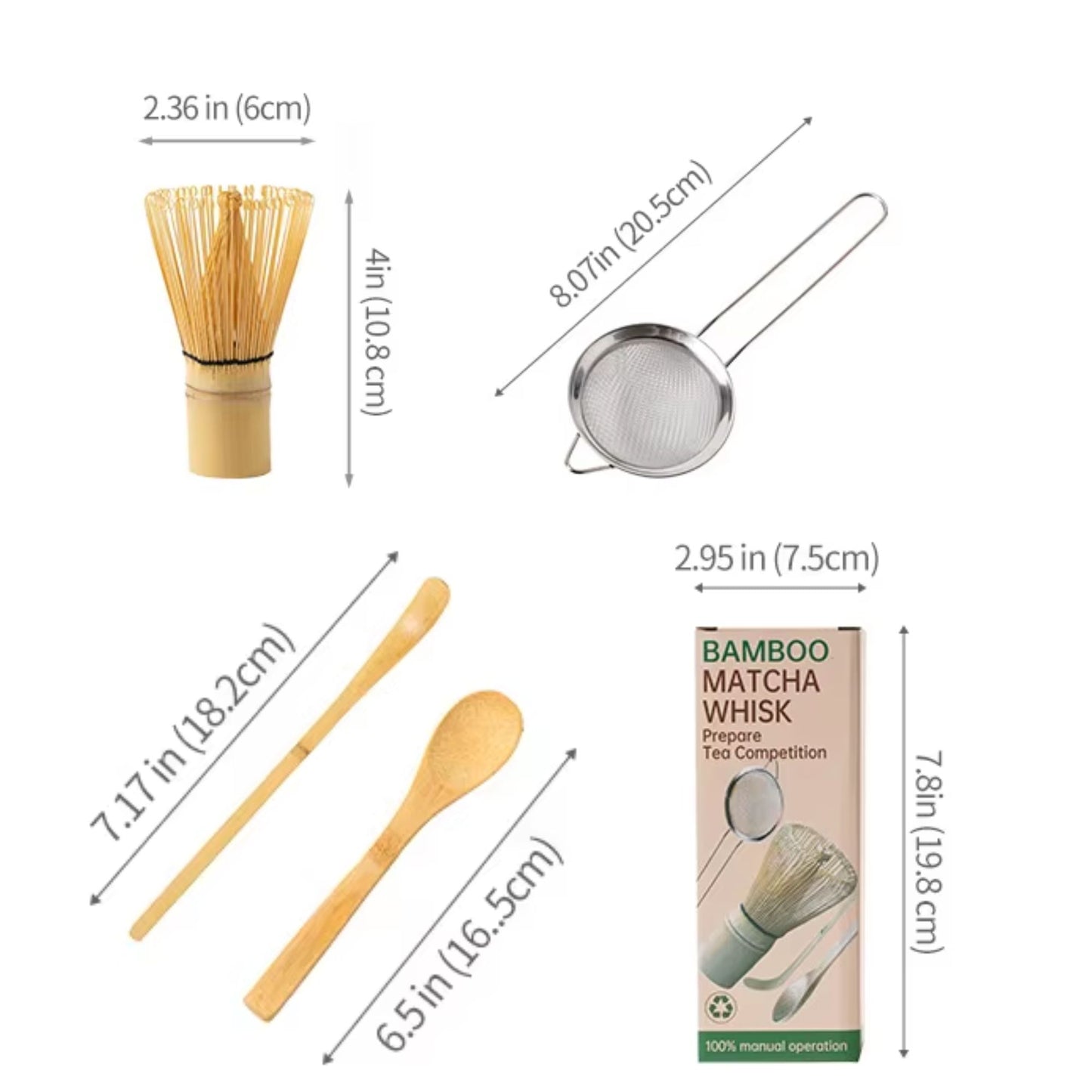 4-teiliges Bambus Tee-Set mit Matcha-Besen, Löffel, Chashaku und Sieb | Traditionelles japanisches Zubehör für cremigen Matcha