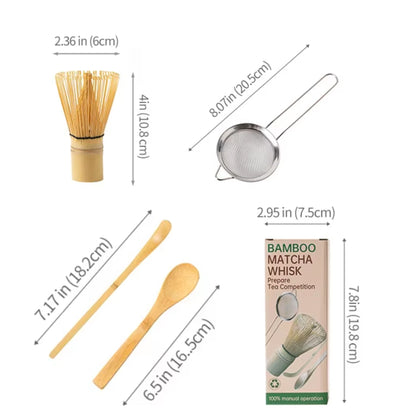 4-teiliges Bambus Tee-Set mit Matcha-Besen, Löffel, Chashaku und Sieb | Traditionelles japanisches Zubehör für cremigen Matcha