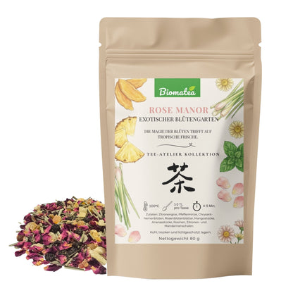 Rose Manor – Exotischer Blütentee mit Zitronengras, Rosenblüten & Mango (80g) – Tee-Atelier Edition