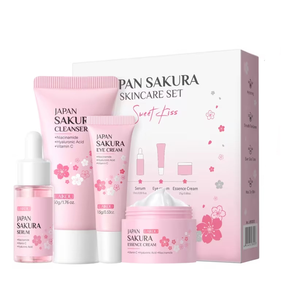 Sakura Gesichtspflege-Geschenkset, 4-teilig – Reinigung, Serum, Augencreme & Gesichtscreme