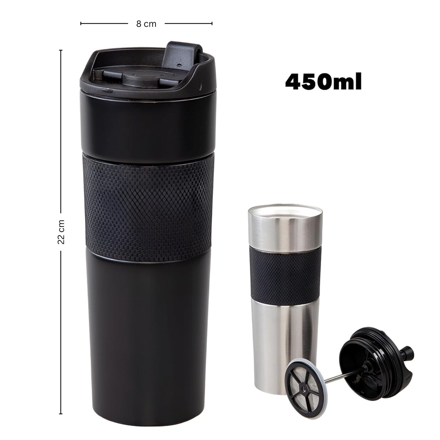 Doppelwandig French Press Thermobecher 450ml, für Tee und Kaffee, Schwarz