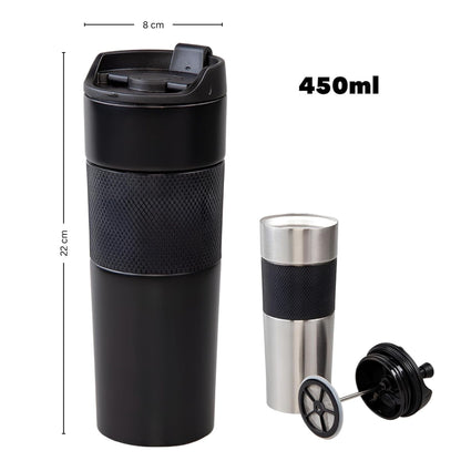 Doppelwandig French Press Thermobecher 450ml, für Tee und Kaffee, Schwarz