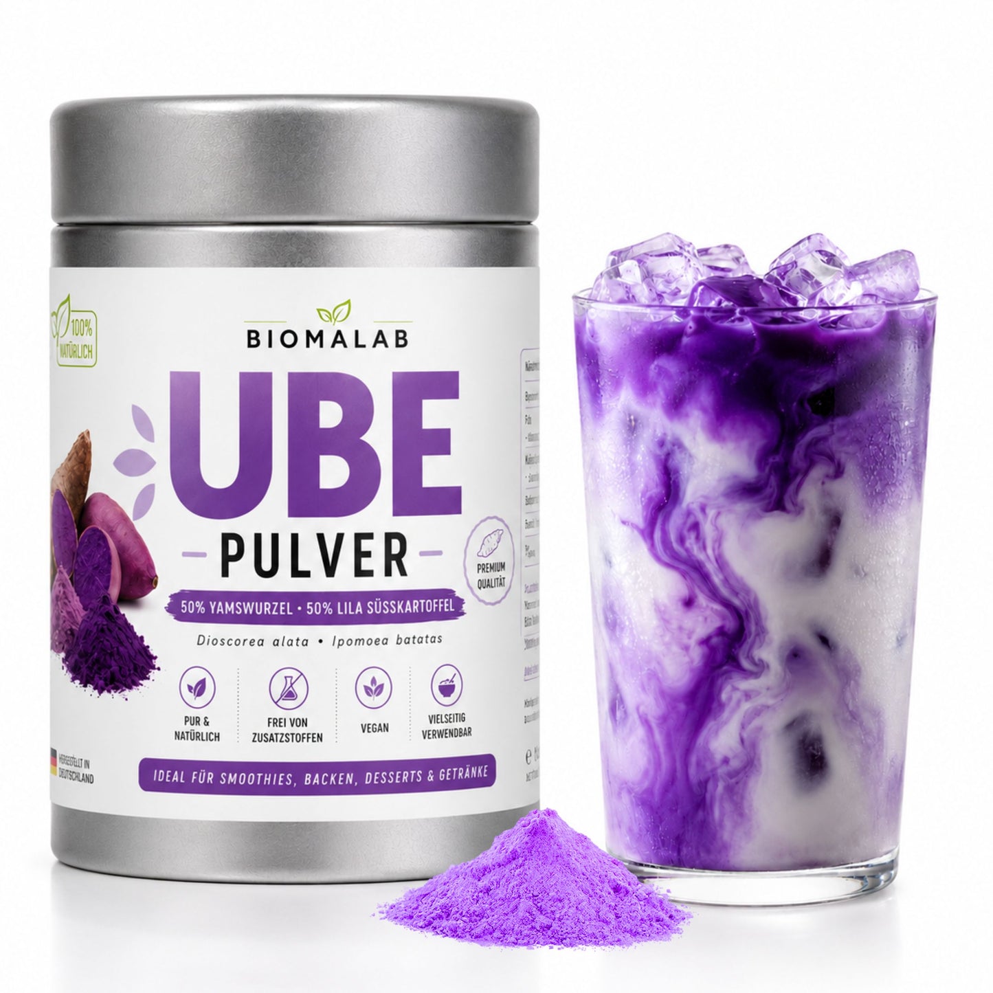 Biomalab Ube Pulver 140g Dose – 100% Natürliche Yamswurzel & Lila Süßkartoffel – Premium Purple Yam Powder – Vegan, Glutenfrei & Ohne Zuckerzusatz