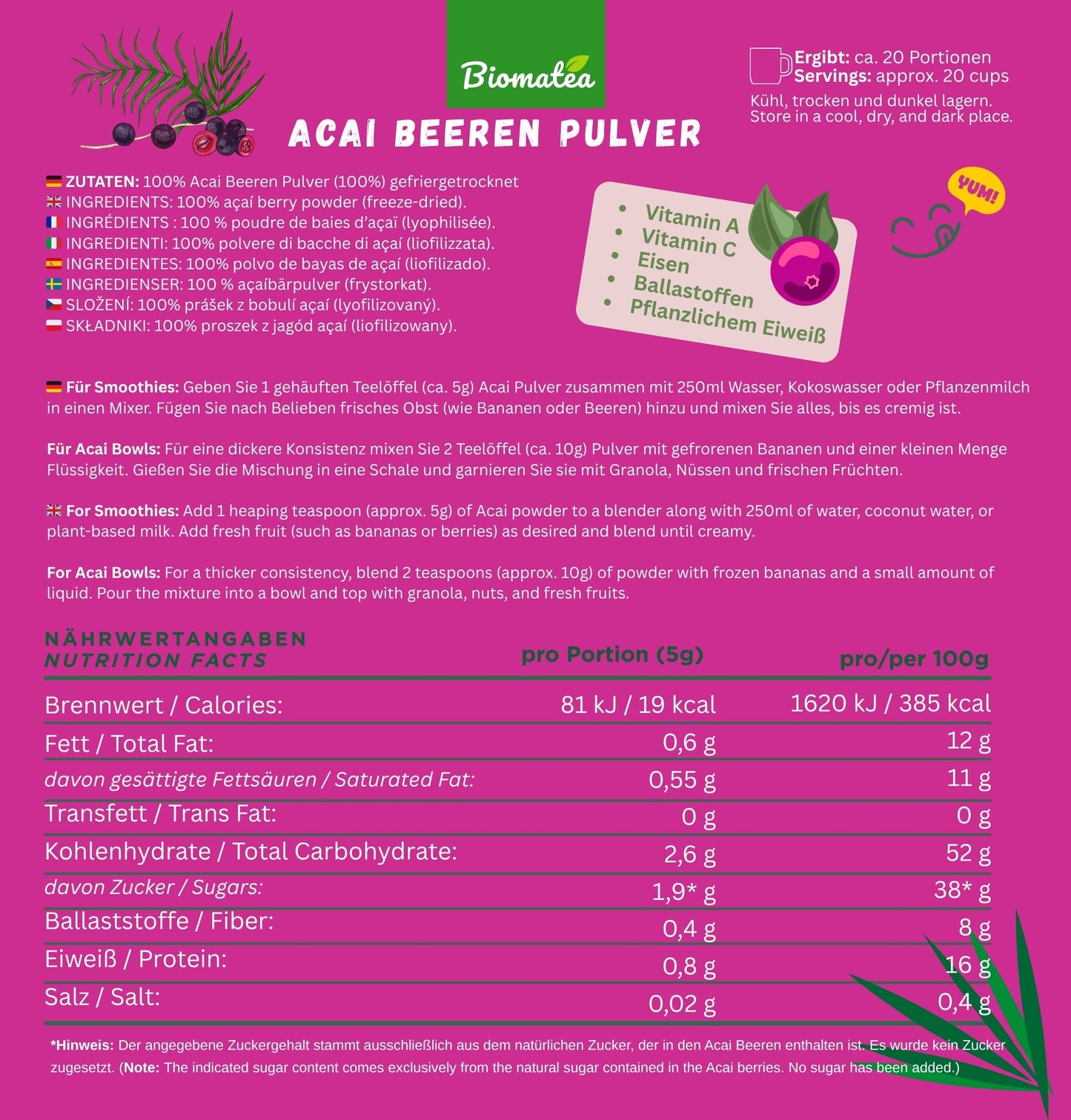 Biomatea Acai Beeren Pulver 100g - Ideal für Smoothies & Desserts - Nährstoffreich