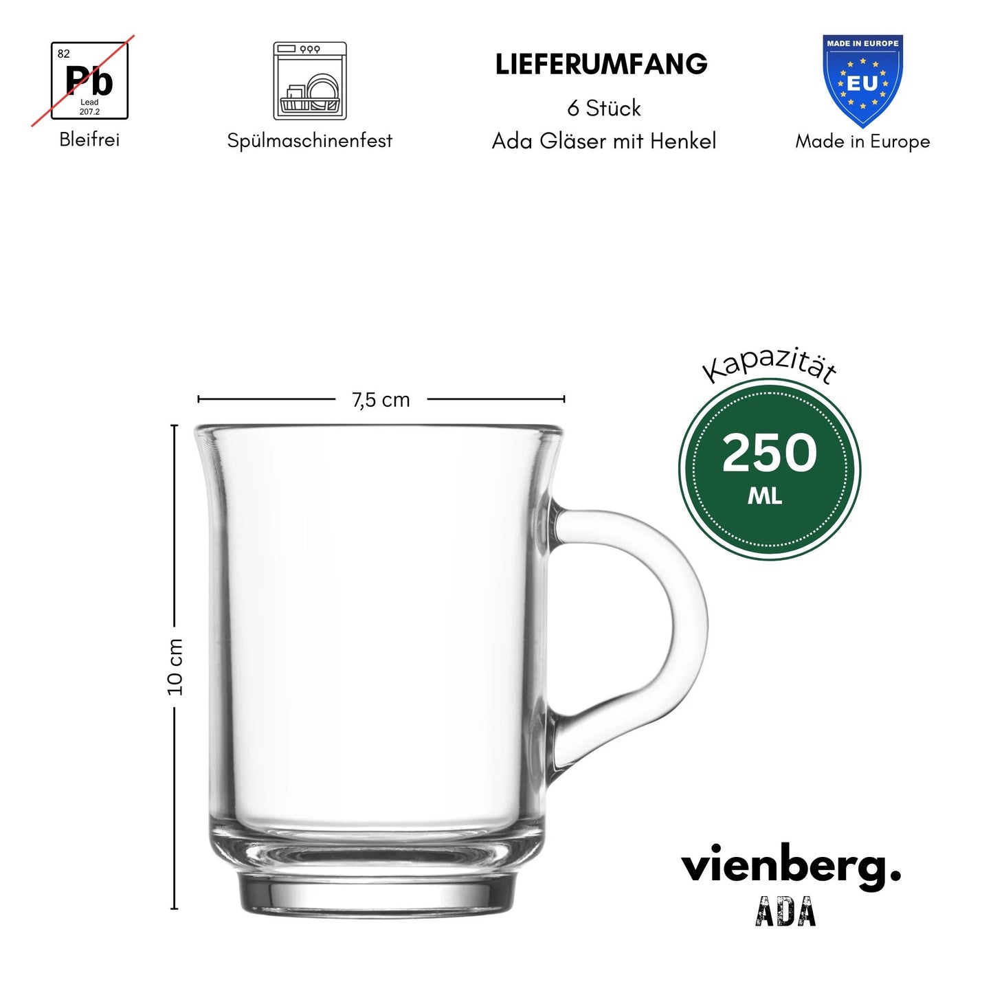 Ada 6 Stück Teegläser mit Henkel, 250ml Kaffee, Cappuccino, Matcha & Tee Glas