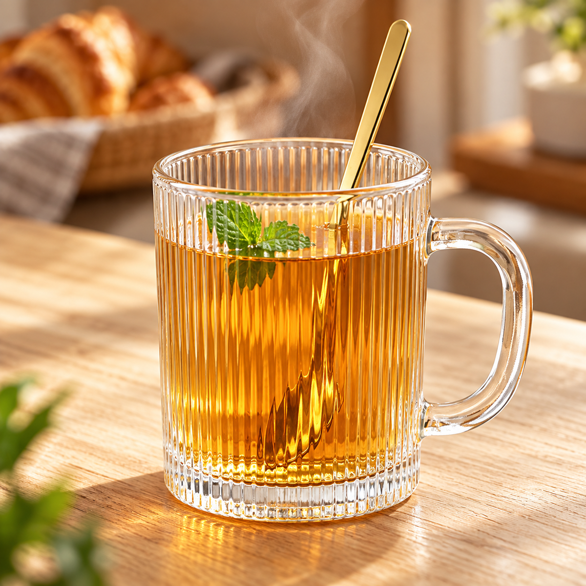 Teegläser 6er Set 350 ml – Geriffelte Glastassen mit Henkel für Glühwein, Kaffee & Tee, Matcha, Ube