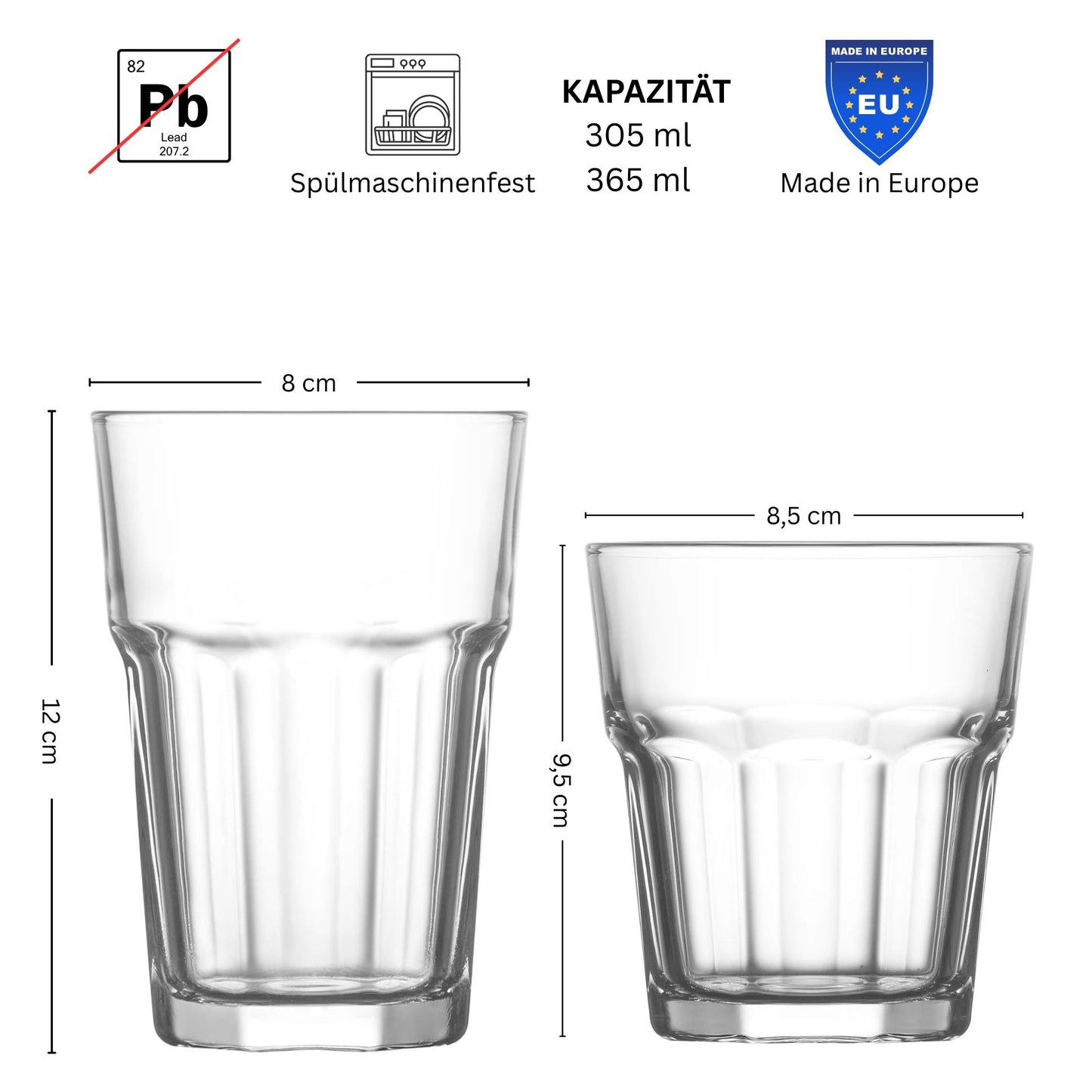Aras 365 + 305 ml Gläser 12er Set, Trinkgläser, Matcha, Latte, Saft, Stapelbar