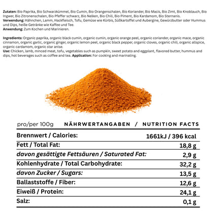 Bio Baharat Gewürzmischung – Orientalische 16 Gewürze Komposition – Made in Germany – Fein gemahlenes Premium Gewürzpulver, 150g