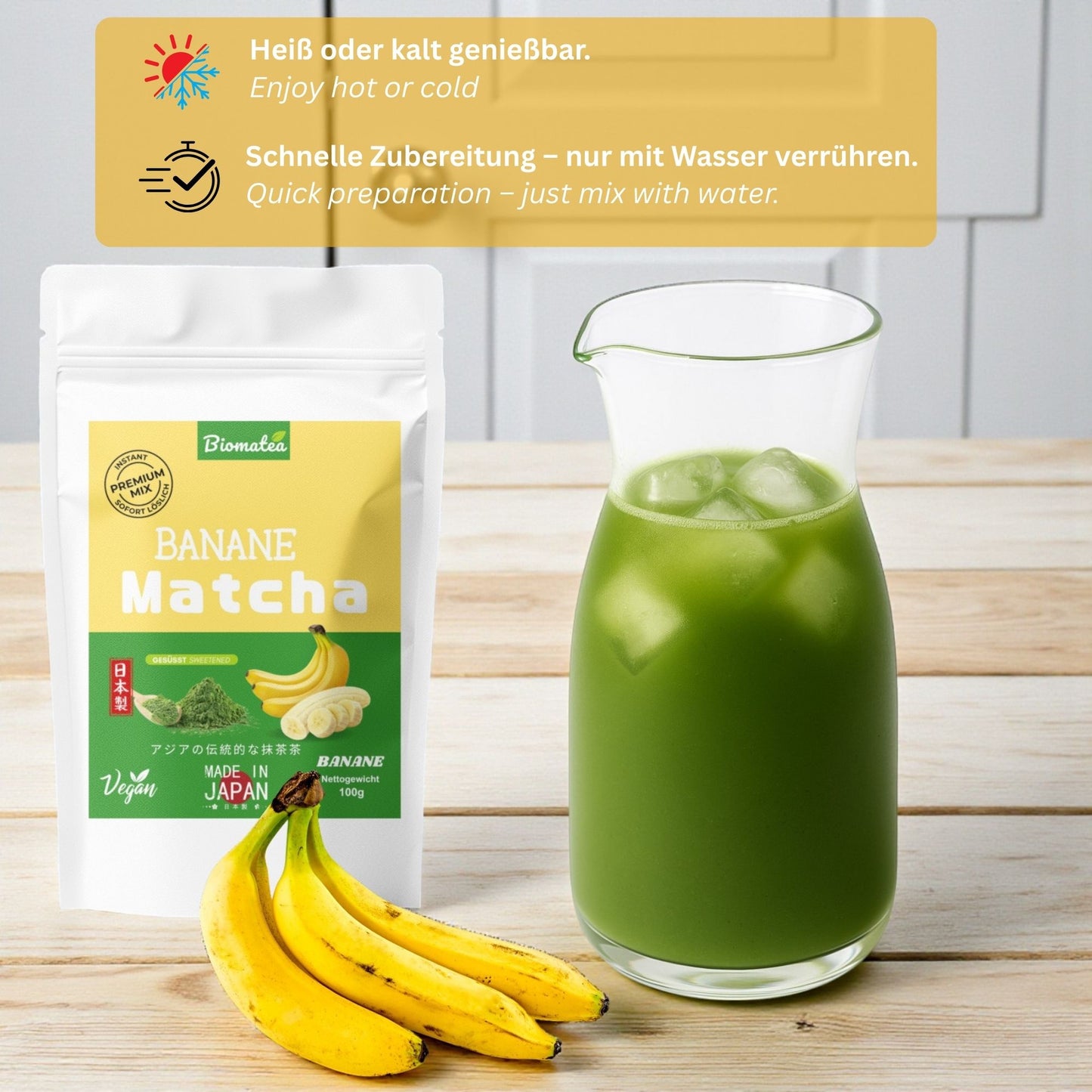 Japanischer Matcha Pulver mit Bananen Pulver, gesüßt – 100g – Sofort löslich in Wasser oder Milch, trinkfertig