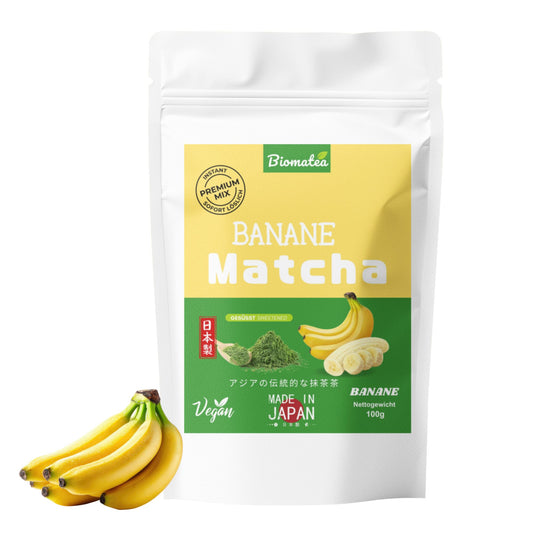 Japanischer Matcha Pulver mit Bananen Pulver, gesüßt – 100g – Sofort löslich in Wasser oder Milch, trinkfertig