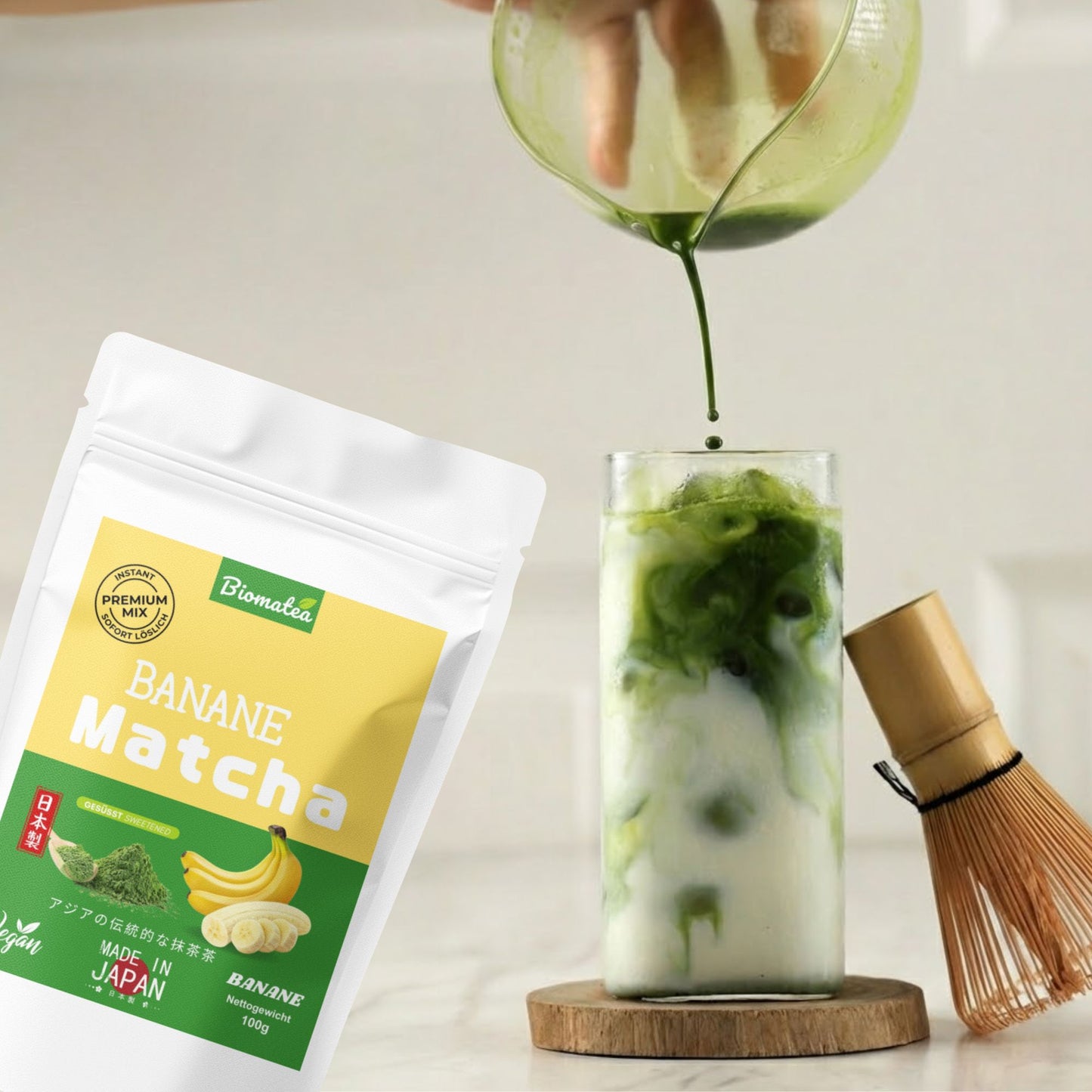 Japanischer Matcha Pulver mit Bananen Pulver, gesüßt – 100g – Sofort löslich in Wasser oder Milch, trinkfertig