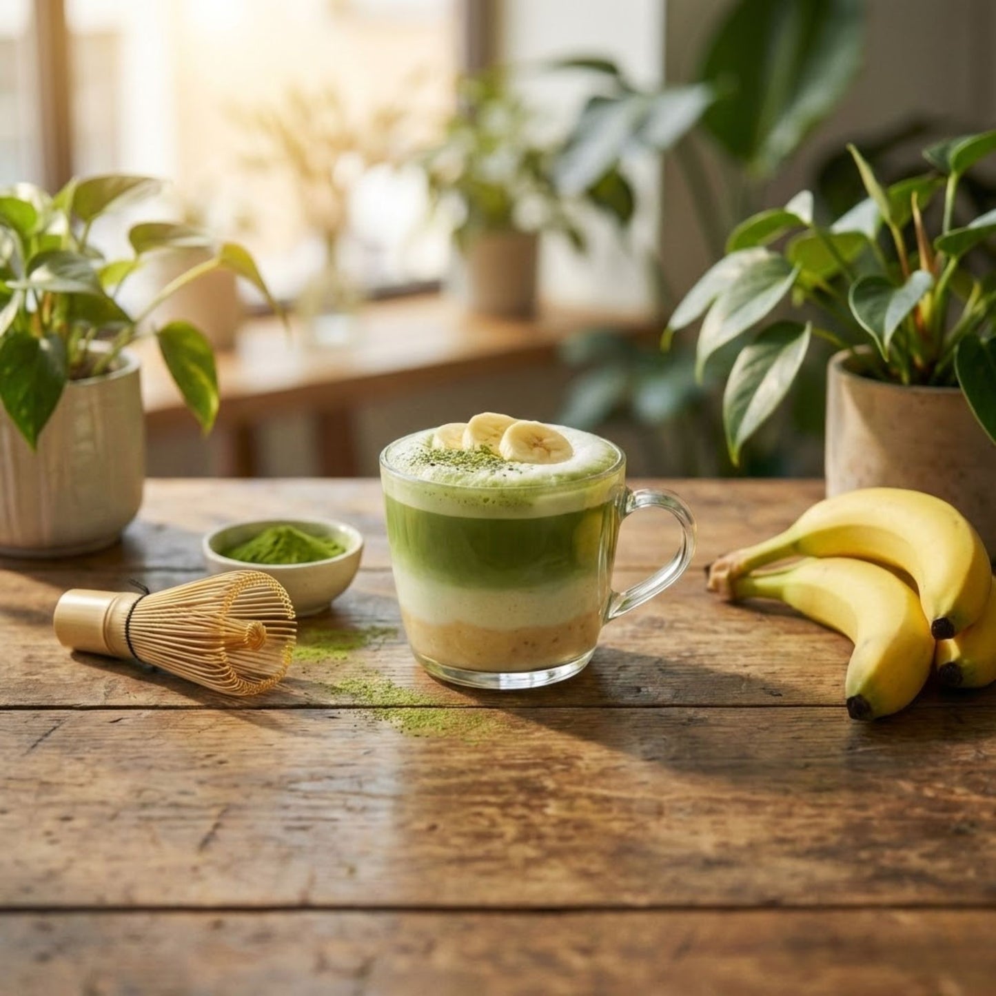Japanischer Matcha Pulver mit Bananen Pulver, gesüßt – 100g – Sofort löslich in Wasser oder Milch, trinkfertig