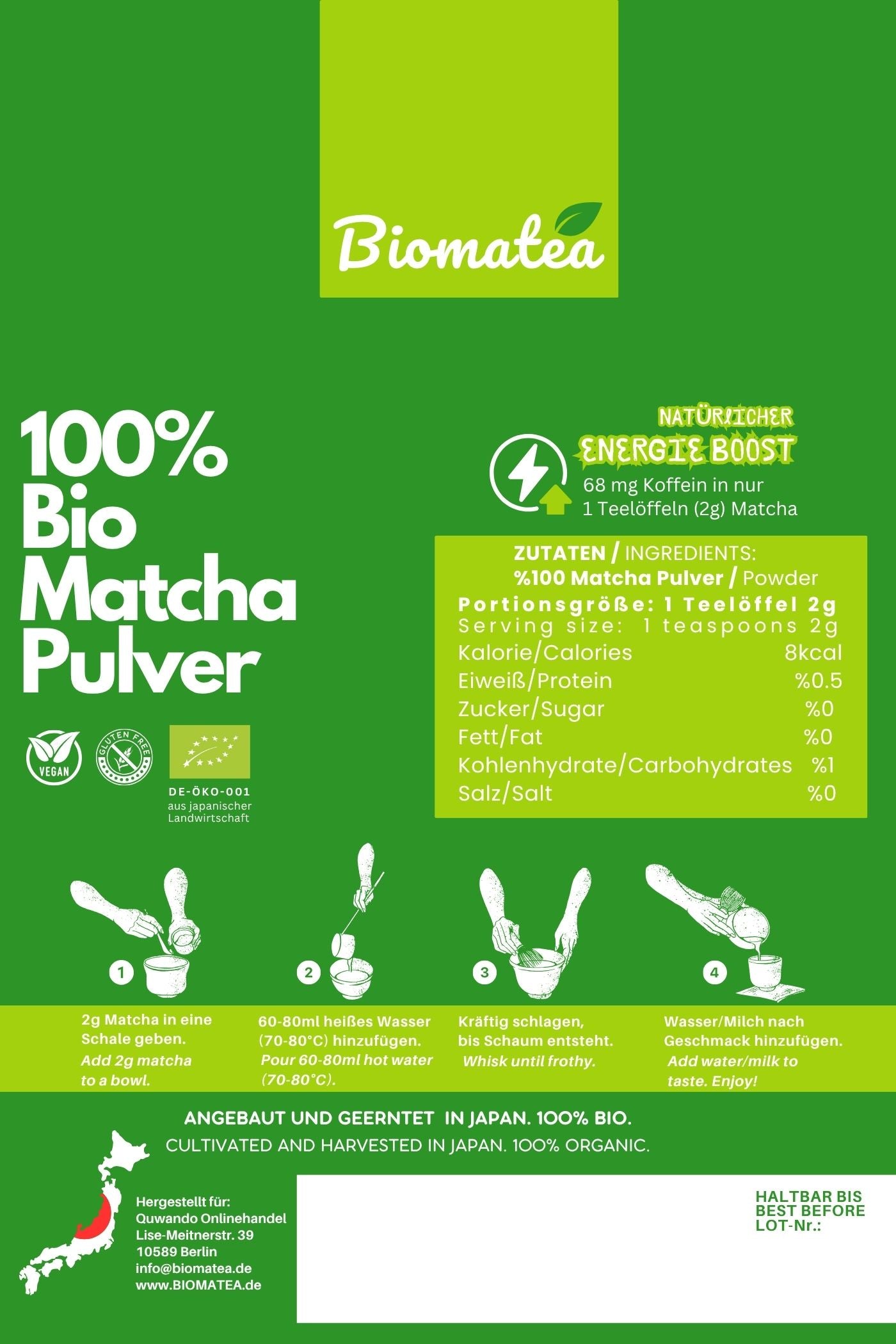 Biomatea 100g Bio Matcha Tee Pulver, Ceremonial aus Japan, single Origin, Premium Qualität
