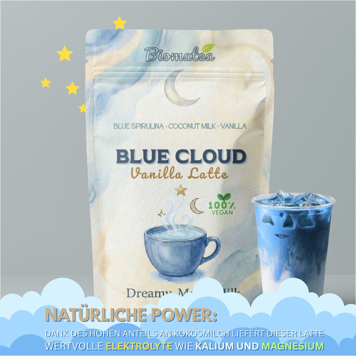 Blue Cloud Latte Pulver – Magischer Spirulina-Kokos Mix mit echter Vanille (150g)