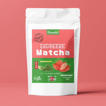 Japanischer Matcha Pulver mit Erdbeer, gesüßt – 100g – Sofort löslich in Wasser oder Milch, trinkfertig