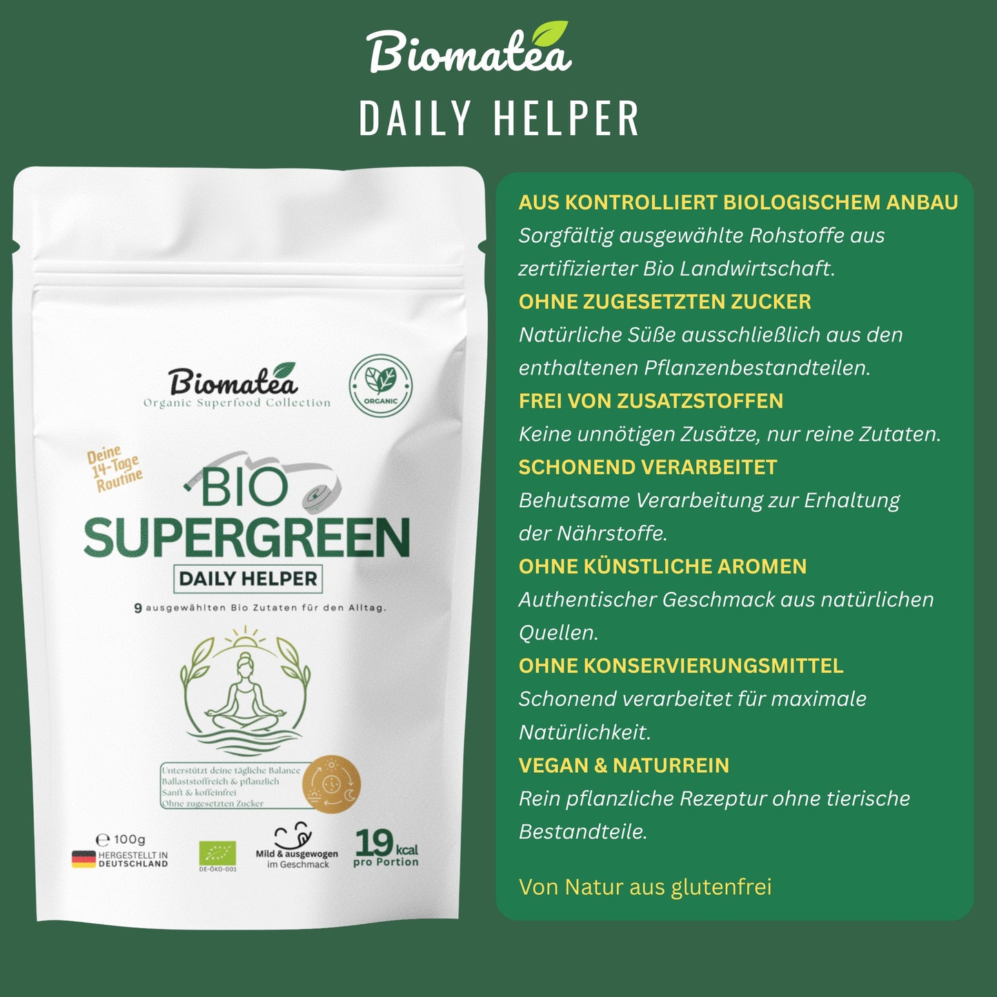 Bio Supergreen Daily Helper – Grünes Superfood Pulver für bewusste Ernährung, Verdauung & tägliche Nährstoffroutine – Vegan – 100 g