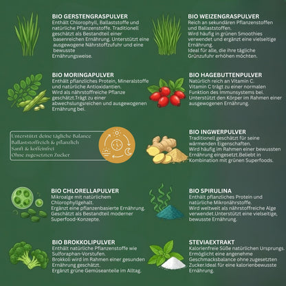Bio Supergreen Daily Helper – Grünes Superfood Pulver für bewusste Ernährung, Verdauung & tägliche Nährstoffroutine – Vegan – 100 g