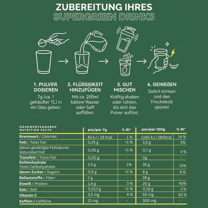 Bio Supergreen Energy – Grünes Superfood Pulver mit natürlichem Koffein für Sport, Energie, Fokus & aktive Tage – Vegan – 100 g