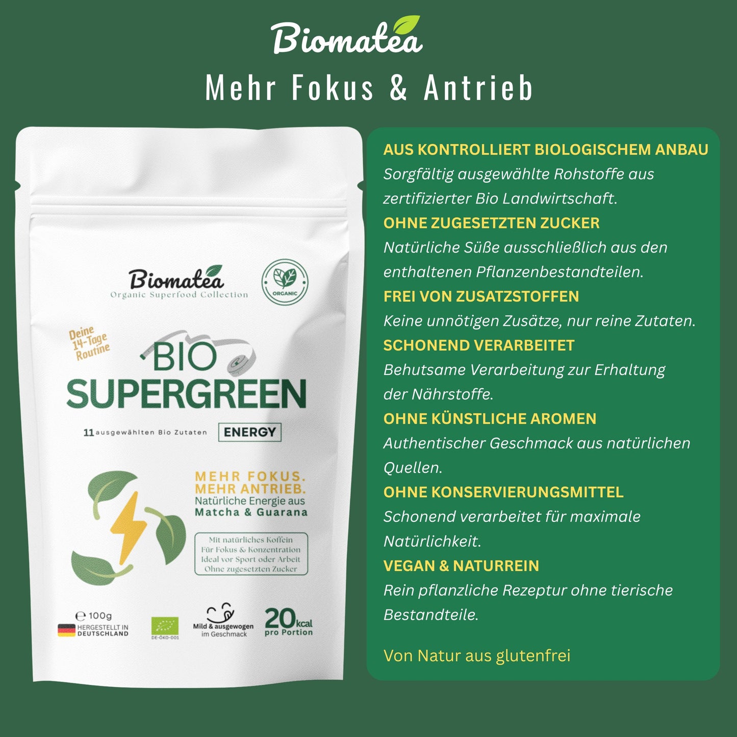 Bio Supergreen Energy – Grünes Superfood Pulver mit natürlichem Koffein für Sport, Energie, Fokus & aktive Tage – Vegan – 100 g