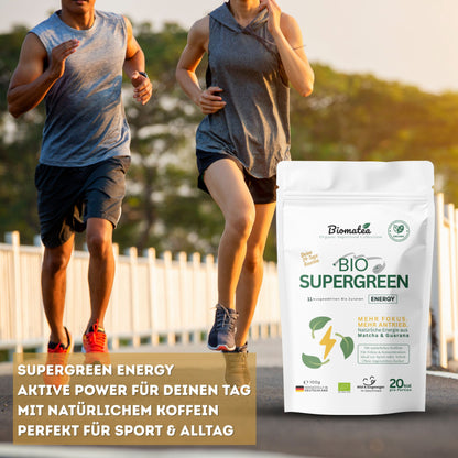 Bio Supergreen Energy – Grünes Superfood Pulver mit natürlichem Koffein für Sport, Energie, Fokus & aktive Tage – Vegan – 100 g