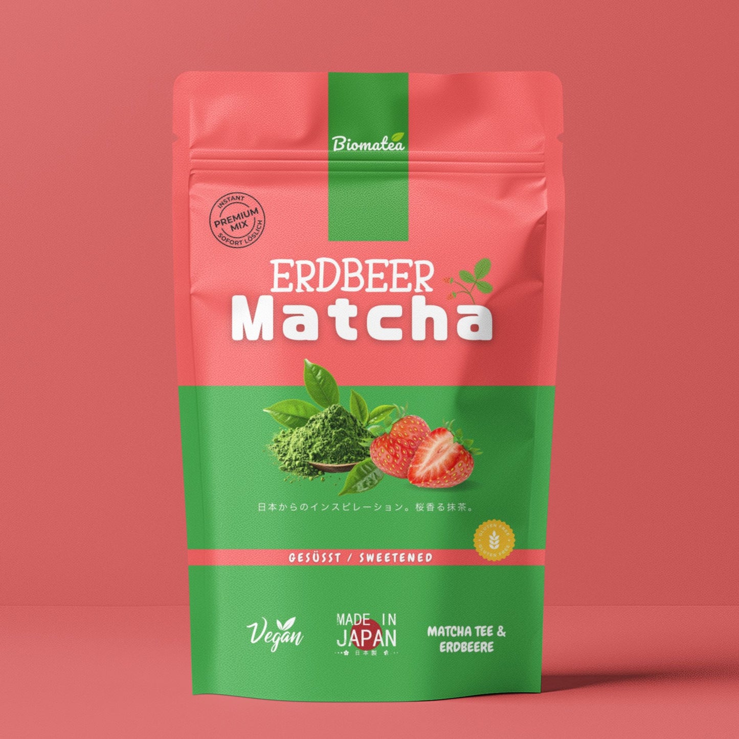 Japanischer Matcha Pulver mit Erdbeer, gesüßt – 100g – Sofort löslich in Wasser oder Milch, trinkfertig