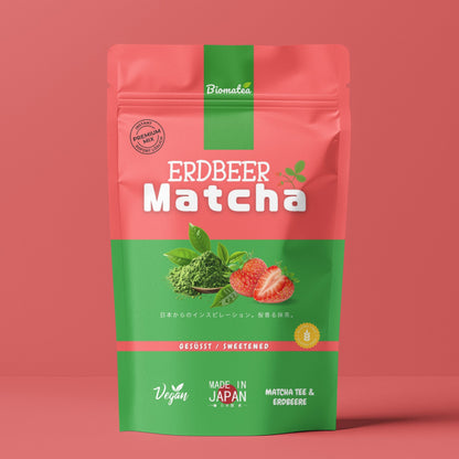 Japanischer Matcha Pulver mit Erdbeer, gesüßt – 100g – Sofort löslich in Wasser oder Milch, trinkfertig