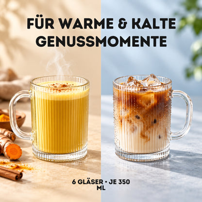 Teegläser 6er Set 350 ml – Geriffelte Glastassen mit Henkel für Glühwein, Kaffee & Tee, Matcha, Ube