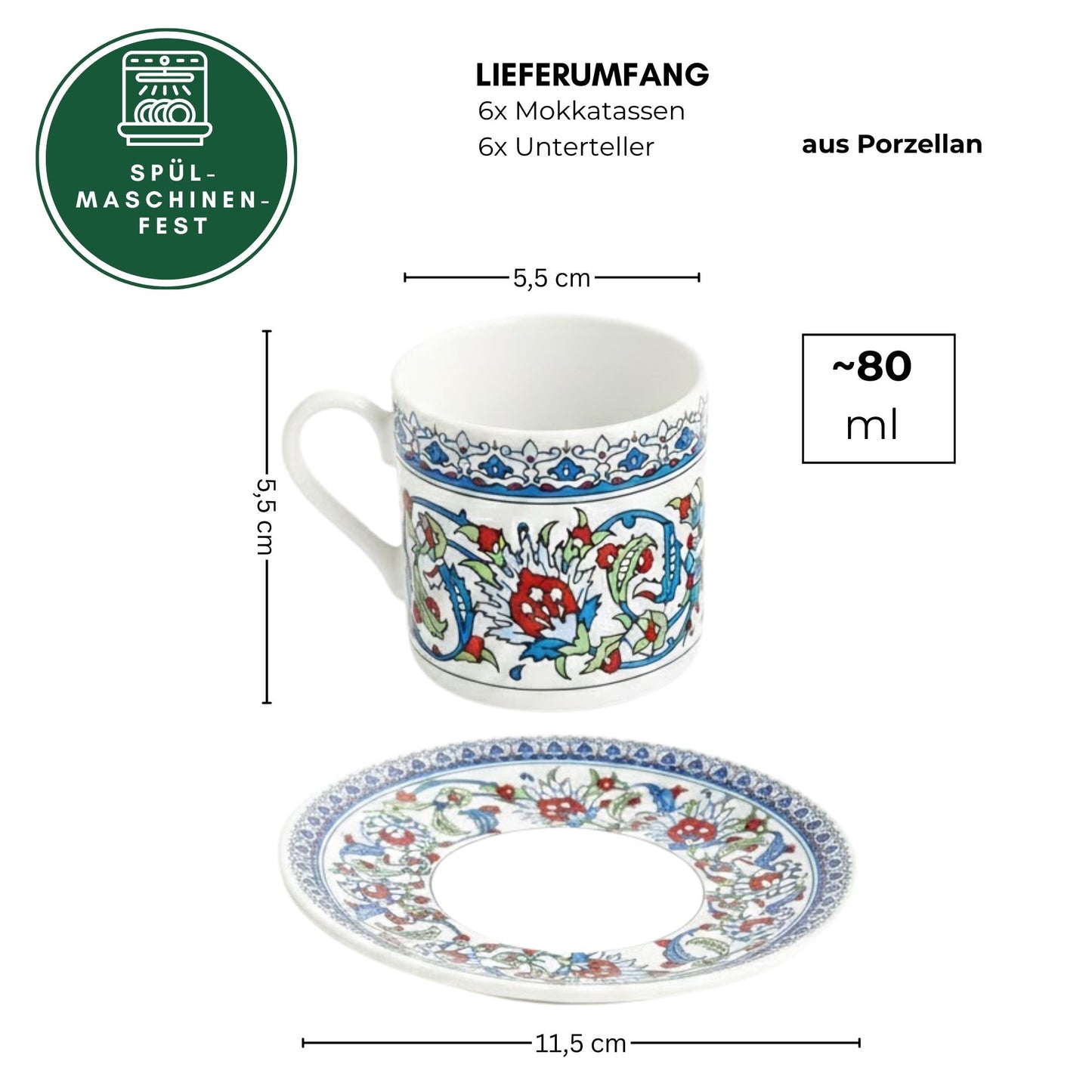 12-teilig für 6 Personen (80ml) - Espressotassen Set & Mokkatassen - Orient Iznik Design Floral - Porzellan Set für Türkischer Kaffee, Mokka & Espresso