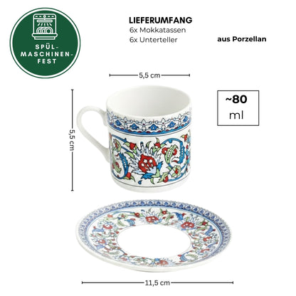 12-teilig für 6 Personen (80ml) - Espressotassen Set & Mokkatassen - Orient Iznik Design Floral - Porzellan Set für Türkischer Kaffee, Mokka & Espresso