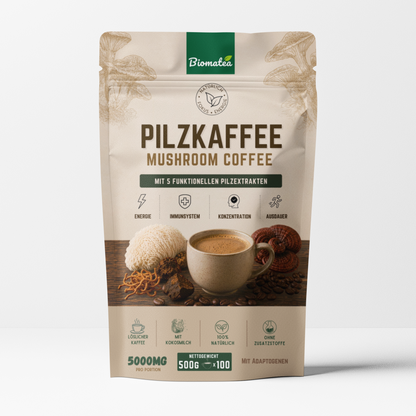 Biomatea Pilzkaffee Mushroom Coffee 150g | Löslicher Kaffee mit Kokosmilch & 4 Pilzextrakten