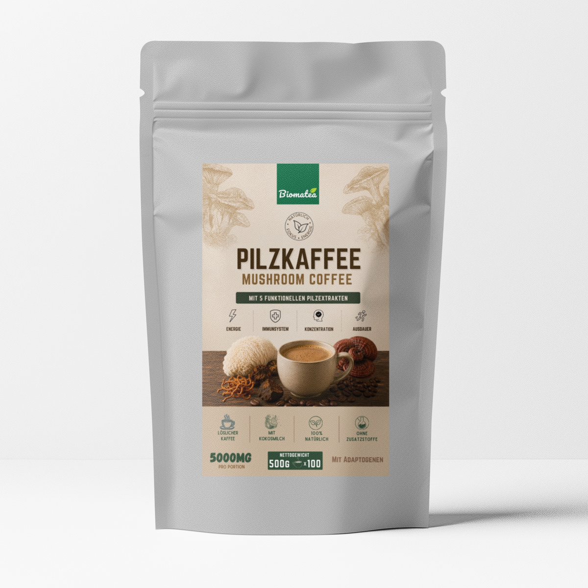 Biomatea Pilzkaffee Mushroom Coffee 500g Vorratspack | Löslicher Kaffee mit Kokosmilch & 4 Pilzextrakten