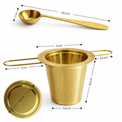 Personalisiertes Tee Geschenkset Gold mit Gravur | Edelstahl Teesieb mit Deckel & Löffel | Teeglas mit Unterteller | Edle Geschenkbox aus Metall | Individuelle Lasergravur